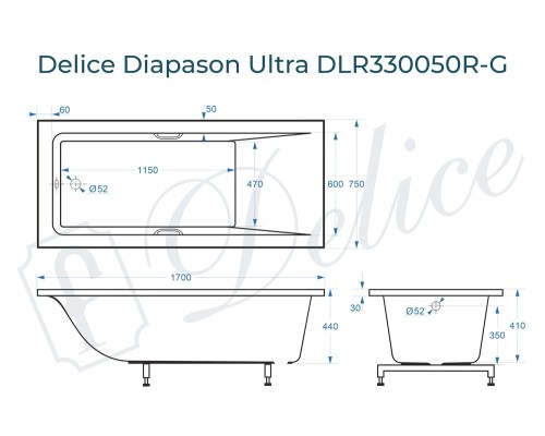 Ванна из литьевого мрамора Delice Diapason Ultra с узким бортом 170х75 глянцевая с ручками Хром