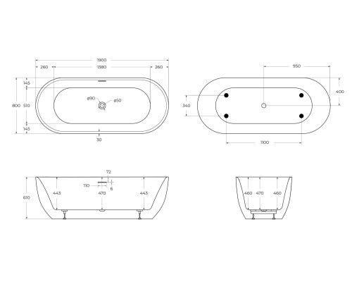Акриловая ванна BelBagno 190x80 BB417-1900-800 без гидромассажа
