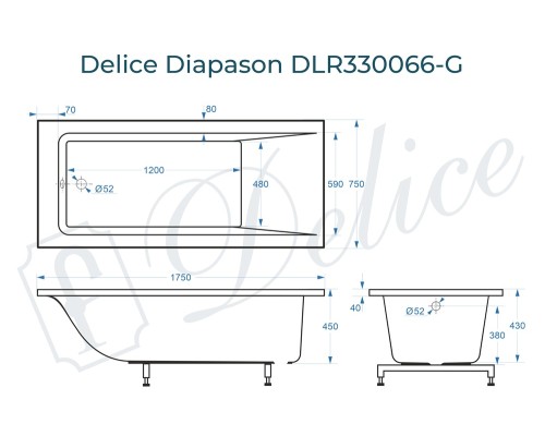 Ванна из литьевого мрамора Delice Diapason 175х75 глянцевая