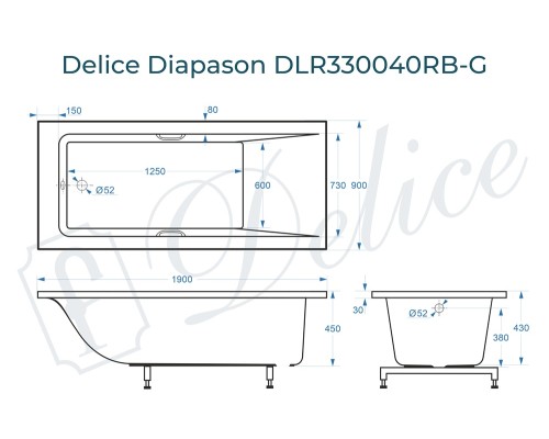 Ванна из литьевого мрамора Delice Diapason 190х90 глянцевая с черными ручками