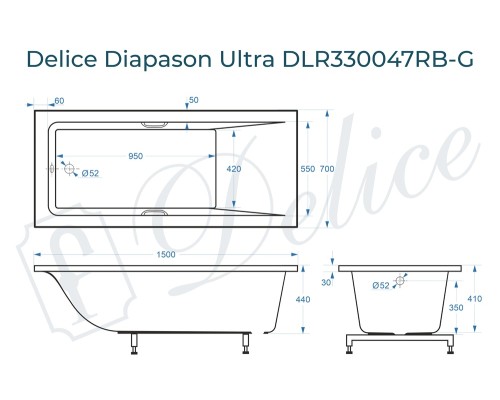 Ванна из литьевого мрамора Delice Diapason Ultra с узким бортом 150х70 глянцевая с черными ручками