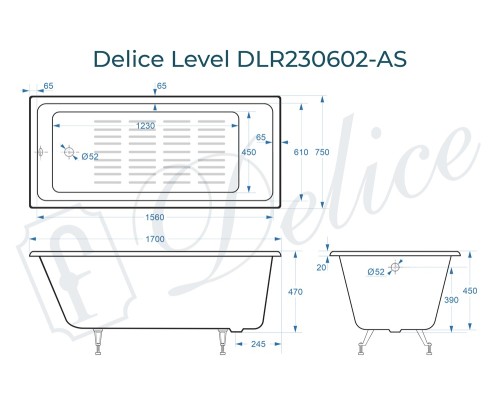 Ванна чугунная Delice Level 170х75 с антискользящим покрытием