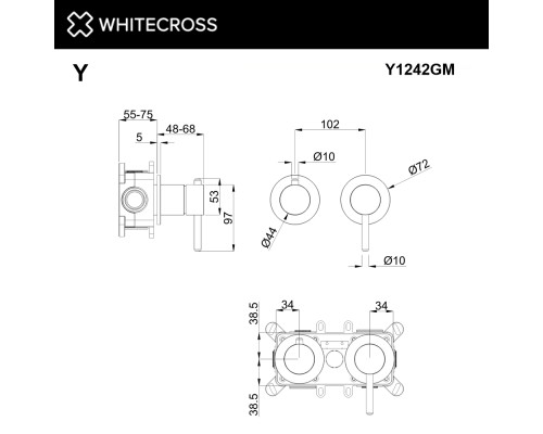 Смеситель скрытого монтажа на 2 потребителя Whitecross Y оружейная сталь