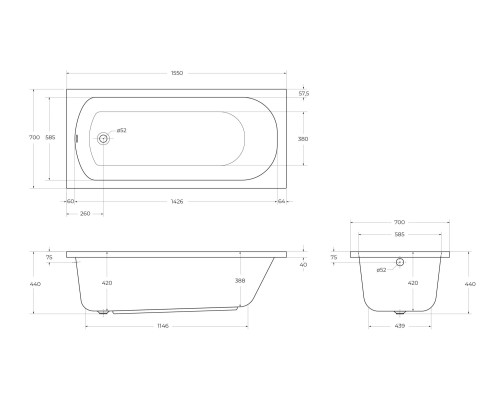 Акриловая ванна Cezares Eco 155х70 ECO-155-70-41-W37 без гидромассажа