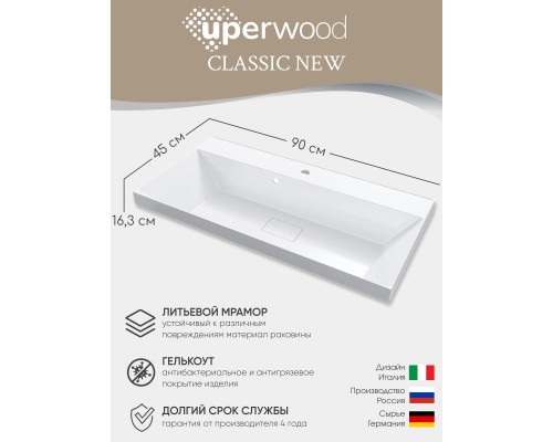 Раковина для ванной 90 см, Uperwood Classic New, белая глянцевая, с накладкой для слива