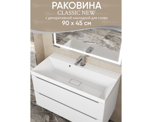 Раковина для ванной 90 см, Uperwood Classic New, белая глянцевая, с накладкой для слива