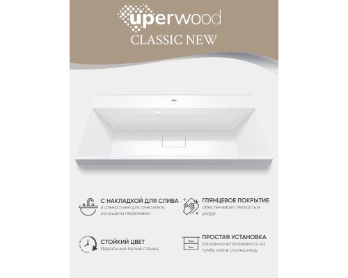 Раковина для ванной 90 см, Uperwood Classic New, белая глянцевая, с накладкой для слива