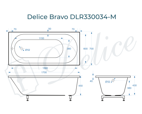Ванна из литьевого мрамора Delice Bravo 170х70 матовая