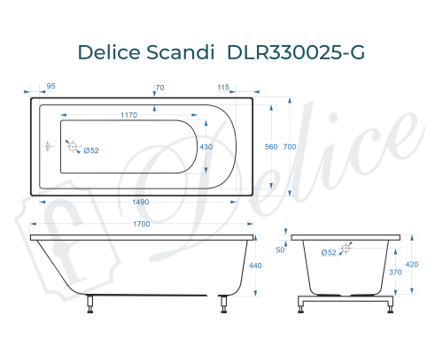 Ванна из литьевого мрамора Delice Scandi 170х70 глянцевая