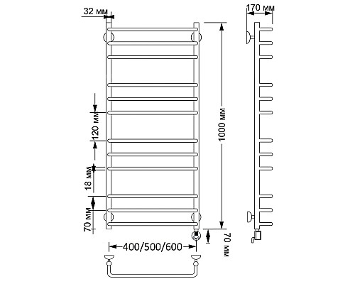 Полотенцесушитель латунный Secado Мерида 3 40х100, электрический L, бронза