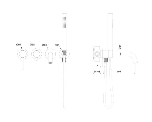 Смеситель для ванны встраиваемый Wonzon&Woghand STICK, Брашированное золото WW-889017-BG