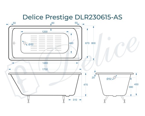 Ванна чугунная Delice Prestige 170х80 с антискользящим покрытием