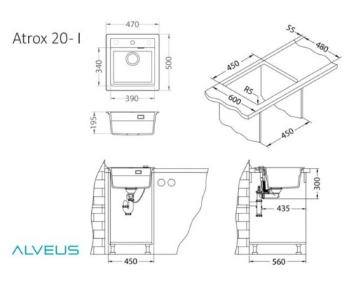Мойка кухонная Alveus Granital Atrox 20 1131989 470х500 бетон