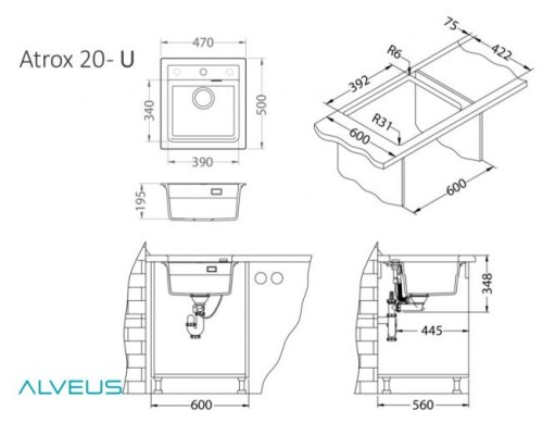 Мойка кухонная Alveus Granital Atrox 20 1131989 470х500 бетон