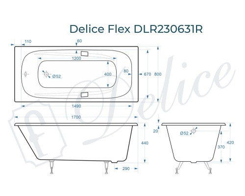 Ванна чугунная Delice Flex 170х80 с отверстиями под ручки