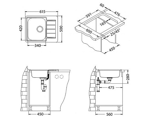 Кухонная мойка Alveus Line 110 1122317 нержавеющая сталь в комплекте с сифоном