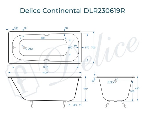 Ванна чугунная Delice Continental 140х70 с отверстиями под ручки