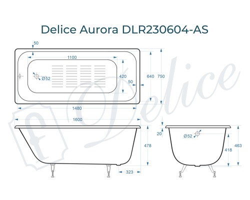 Ванна чугунная Delice Aurora 160х75 с антискользящим покрытием