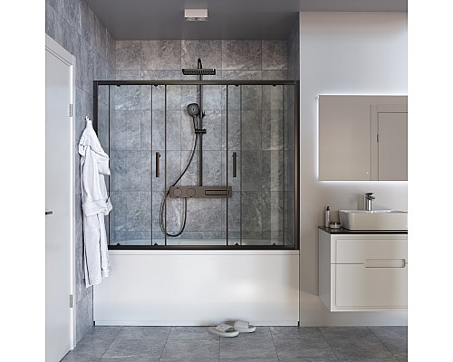 Душевая шторка на ванну Taliente 150x140см, раздвижная, прозр.стекло 6мм, черный профиль