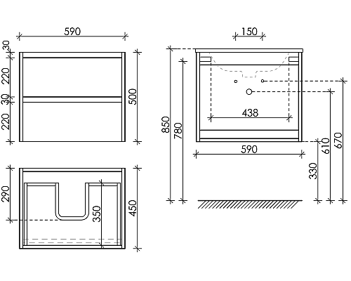 Тумба под раковину SANCOS Libra 590х450х500, c двумя ящиками, дуб чарльстон