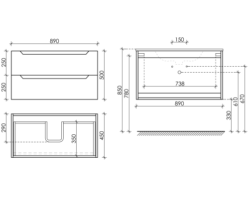 Тумба под раковину SANCOS Norma 2.0 890х450х500, c двумя ящиками, белый глянец