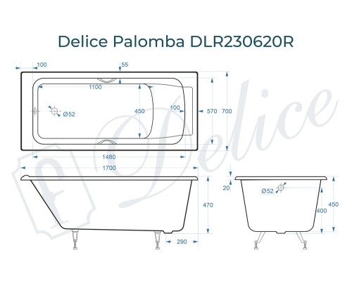 Ванна чугунная Delice Palomba 170х70 с отверстиями под ручки