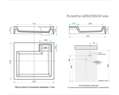 Раковина над стиральной машиной Uperwood Vission 60х55х11 см, белая глянцевая
