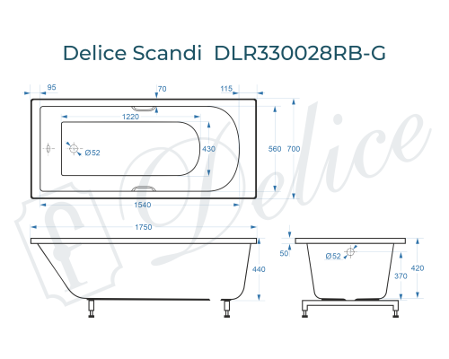 Ванна из литьевого мрамора Delice Scandi 175х70 глянцевая с черными ручками