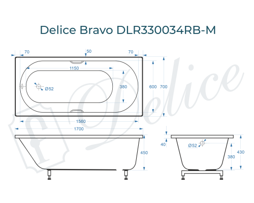 Ванна из литьевого мрамора Delice Bravo 170х70 матовая с черными ручками