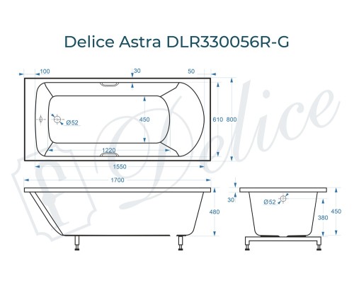 Ванна из литьевого мрамора Delice Astra 170х80 глянцевая с ручками Хром