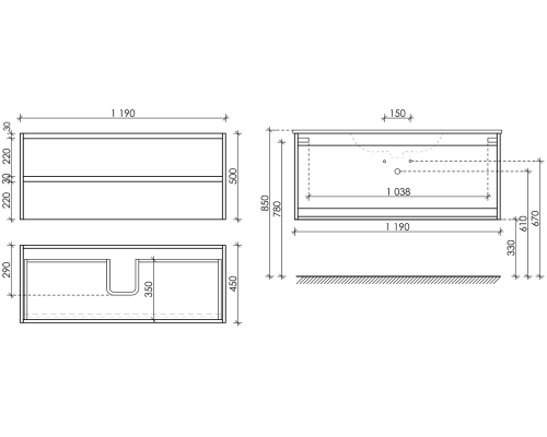Тумба под раковину SANCOS Libra 1190х450х500, c двумя ящиками, дуб чарльстон