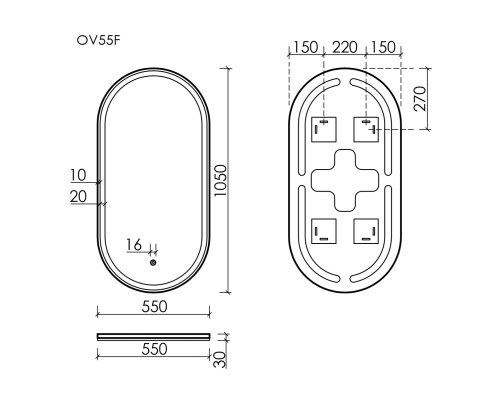 Зеркало для ванной комнаты Sancos Oval, фронтальная подсветка 550х1050 с сенсором, OV55F