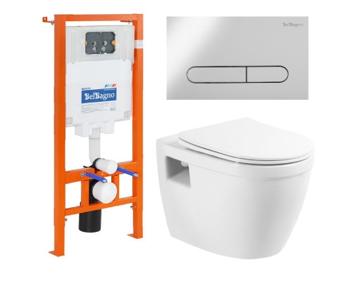 Комплект унитаза с инсталляцией BelBagno Loto BB070CHR/SC/BB002-80/BB005-PR-CHROME с сиденьем Микролифт и клавишей смыва Хром глянцевый