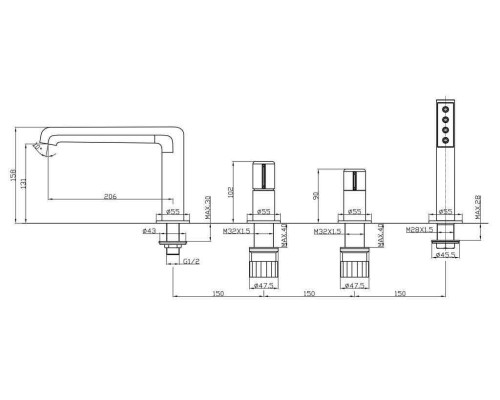 Смеситель на борт ванны BelBagno Uno UNO-BVD4-CRM Хром