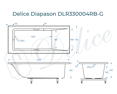 Ванна из литьевого мрамора Delice Diapason 160х70 глянцевая с черными ручками