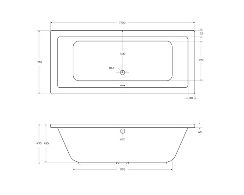 Акриловая ванна Cezares Plane 170x75 PLANE-170-75-45-W37 без гидромассажа