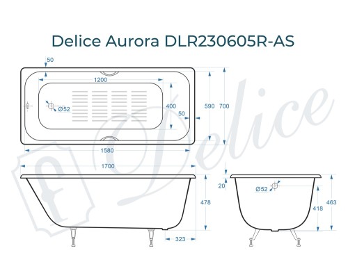 Ванна чугунная Delice Aurora 170х70 с отверстиями под ручки и антискользящим покрытием