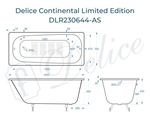 Ванна чугунная Delice Continental Limited Edition 165х70 с антискользящим покрытием