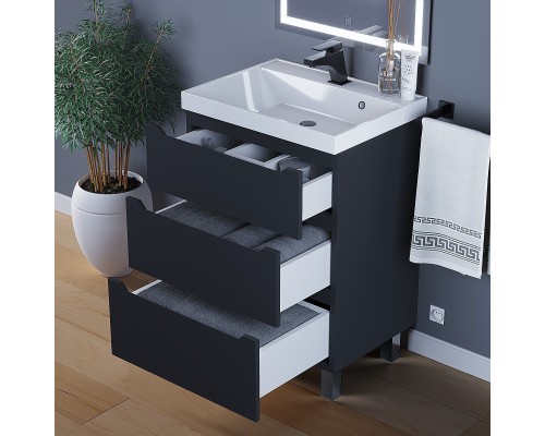 Тумба под раковину 60 см, Uperwood Tanos, напольная, черная, 3 ящика