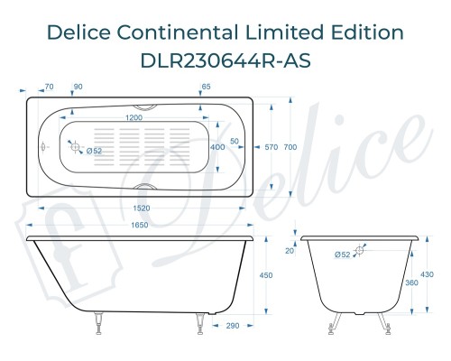 Ванна чугунная Delice Continental Limited Edition 165х70 с отверстиями под ручки и антискользящим покрытием
