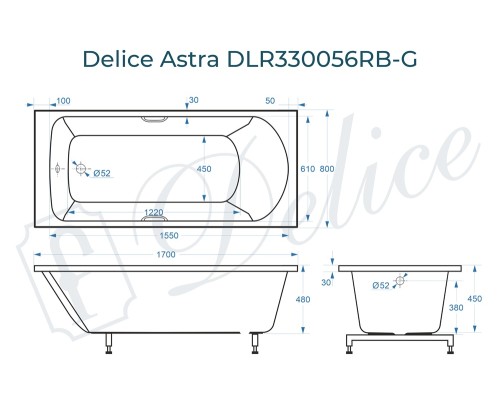 Ванна из литьевого мрамора Delice Astra 170х80 глянцевая с черными ручками