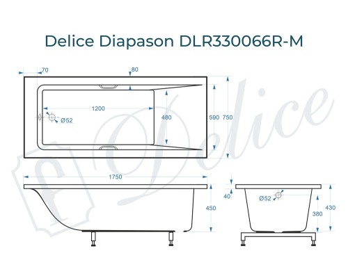 Ванна из литьевого мрамора Delice Diapason 175х75 матовая с ручками Хром