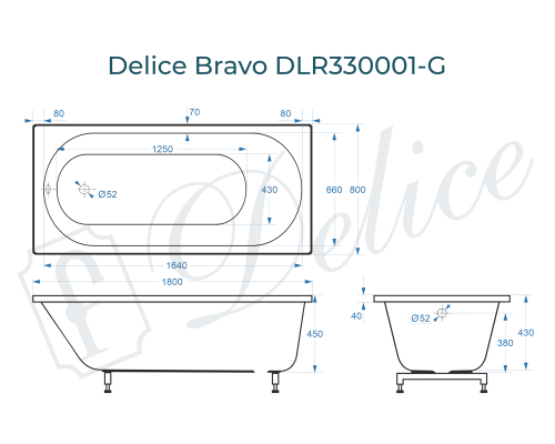 Ванна из литьевого мрамора Delice Bravo 180х80 глянцевая