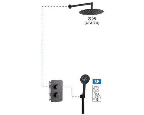 Душевая система AQG Aqua, c термостатом, с верхним душем и кронштейном, черный матовый