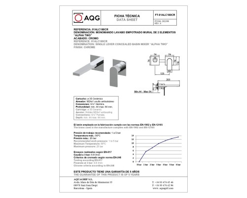 Встраиваемый в стену AQG Alpha, однорычажный смеситель для раковины, хром