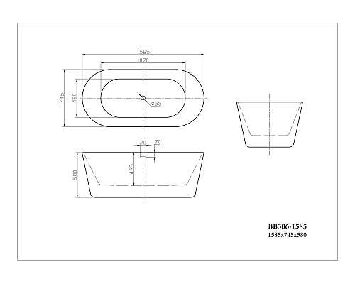 Акриловая ванна BelBagno 158х74 BB306-1585 без гидромассажа Акриловая ванна BelBagno 158х74 BB306-1585 без гидромассажа
