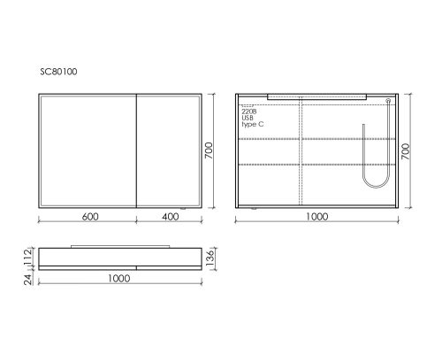 Зеркальный шкаф для ванной Sancos Evoke1000x700х136 мм с LED подсветкой, SC80100
