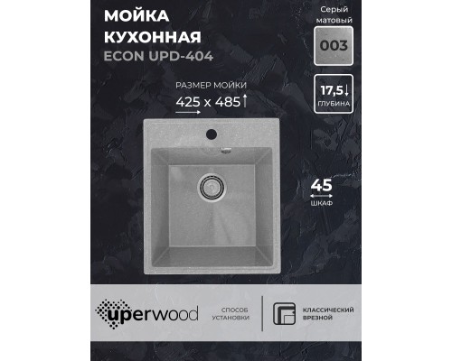 Кухонная мойка из искусственного камня Uperwood ECON UPD-404-003, серая матовая