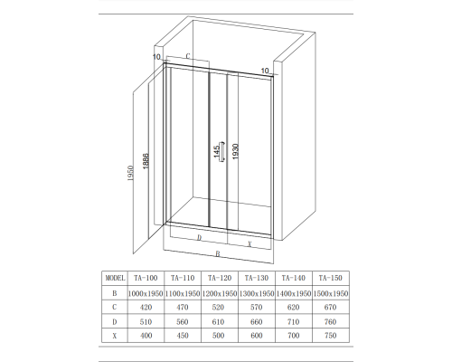 Душевая дверь напольная Taliente 130x195см, прозр.стекло 6мм, хром
