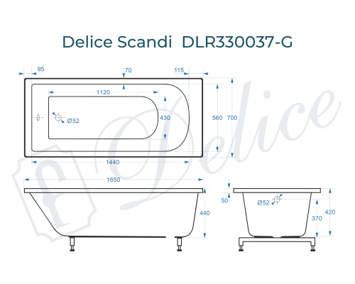 Ванна из литьевого мрамора Delice Scandi 165х70 глянцевая